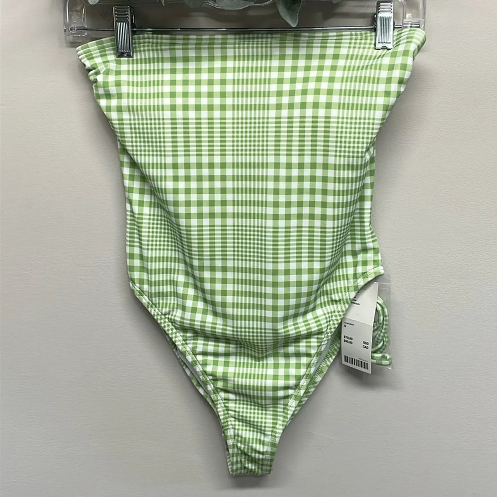 NWT Urban Outfitters Out From Under One Piece Swimsuit Green White Check S